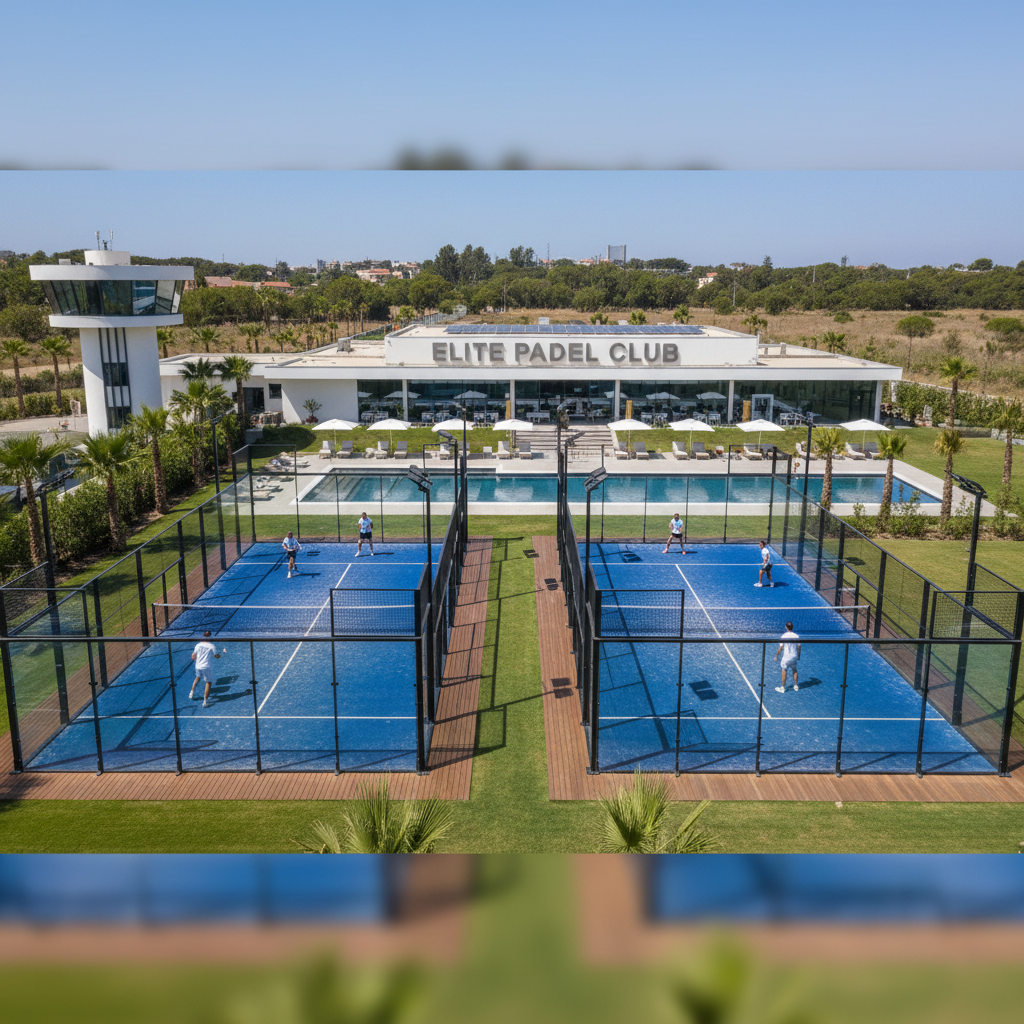 Multiple padel courts viewed from elevated angle, professional facility interior