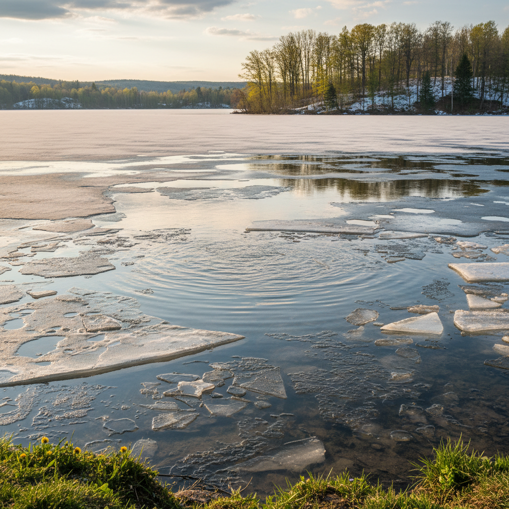 Ice melting off a lake in spring — water surface revealing itself
