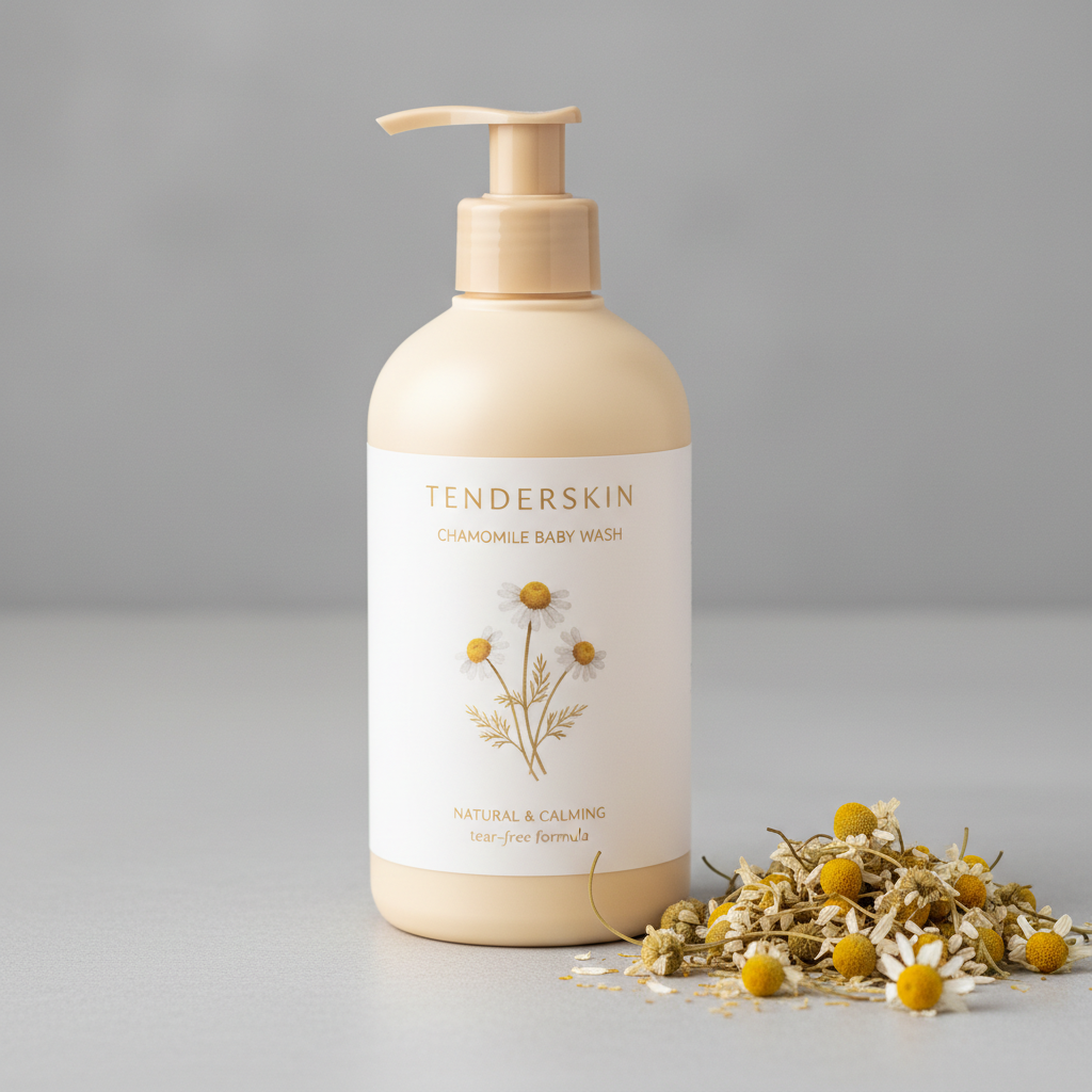 Organic baby body milk bottle with oat grains and chamomile flowers