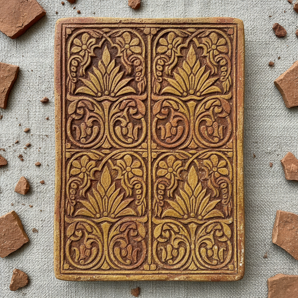 Clay tablet artwork with carved botanical motifs painted in ochre and terracotta earth pigments