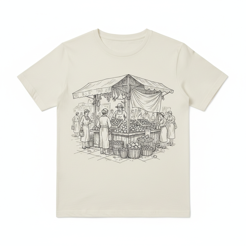 Cream tee with market stall sketch print