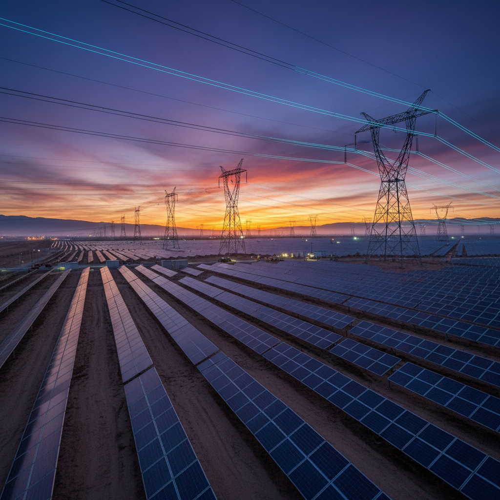 Solar field fully energized at dusk with glowing transmission lines visible