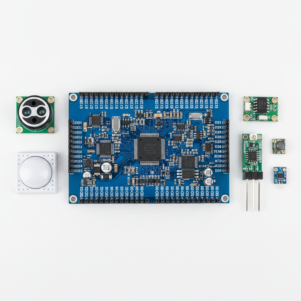 Circuit board with sensor components, bright studio lighting, clean white background, technical precision