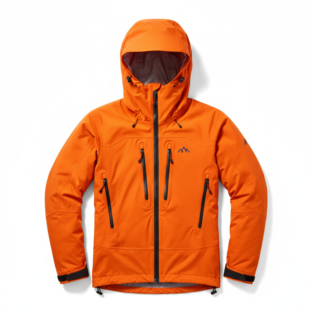 Bright orange technical mountaineering shell jacket laid flat on white surface