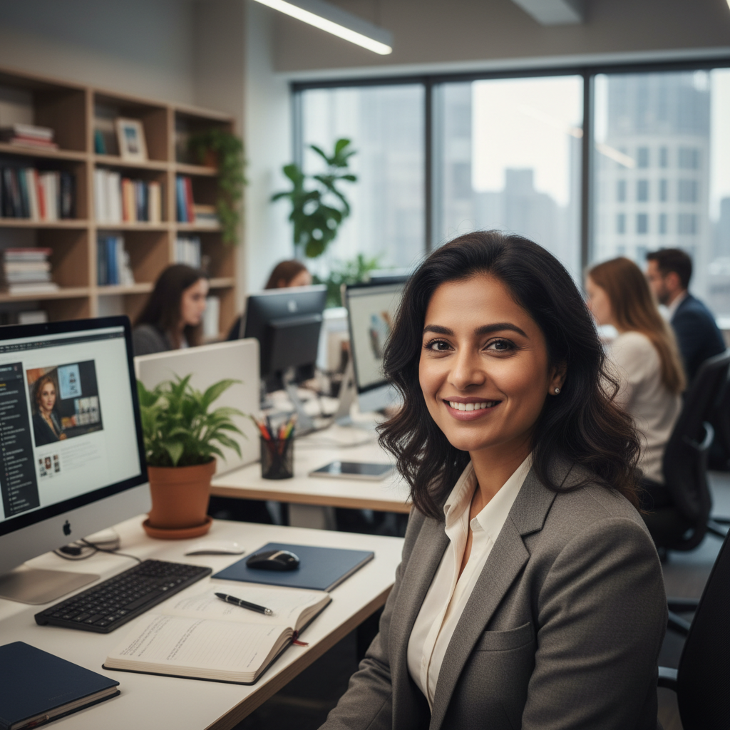 Portrait of a South Asian woman literary editor, warm professional smile
