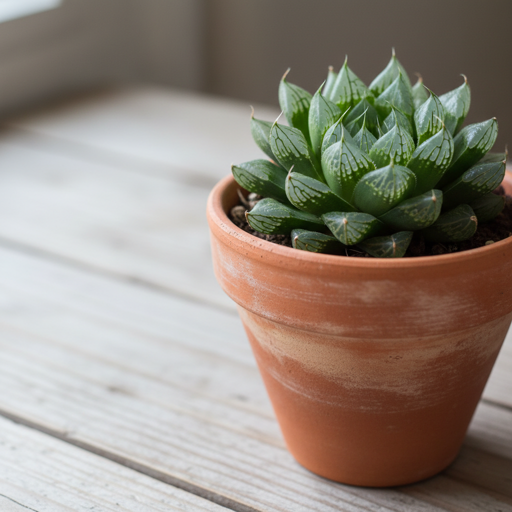 Haworthia in a hand-thrown terracotta pot on a wooden desk