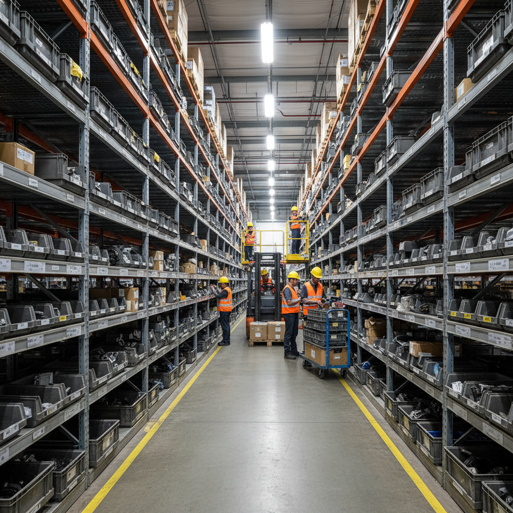 Automotive parts warehouse with organized bins and workers in safety vests