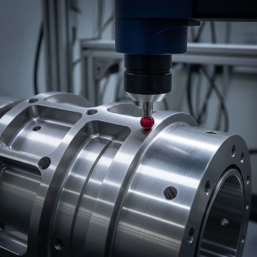 Coordinate measuring machine probe touching the precision-machined surface of a titanium aerospace component during first article inspection
