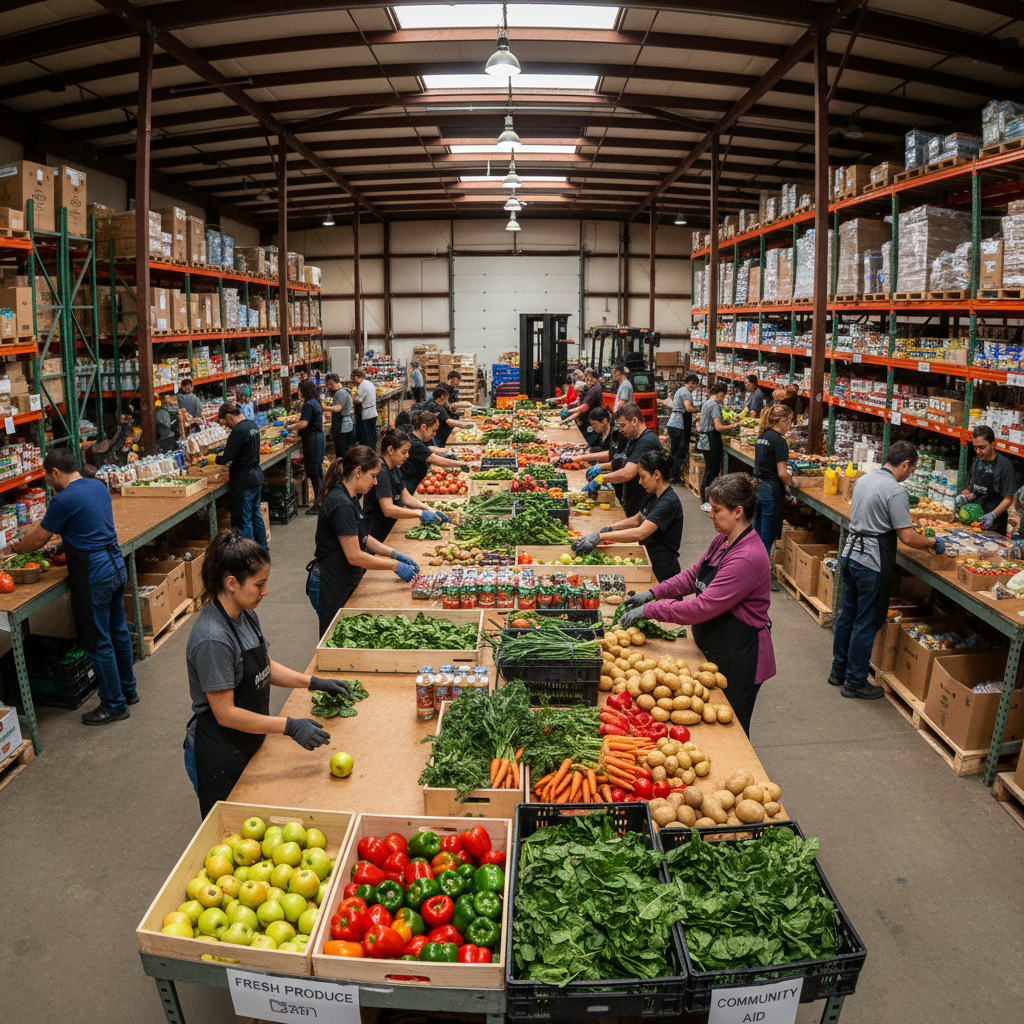 Volunteers sorting fresh vegetables into boxes at a community food bank