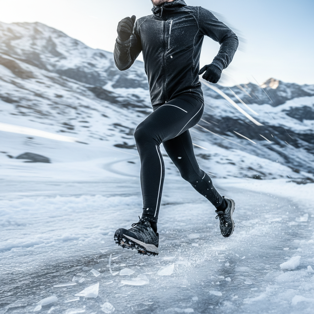 Runner mid-stride in black thermal legging on icy mountain trail, leg muscles defined through fabric, motion blur on background