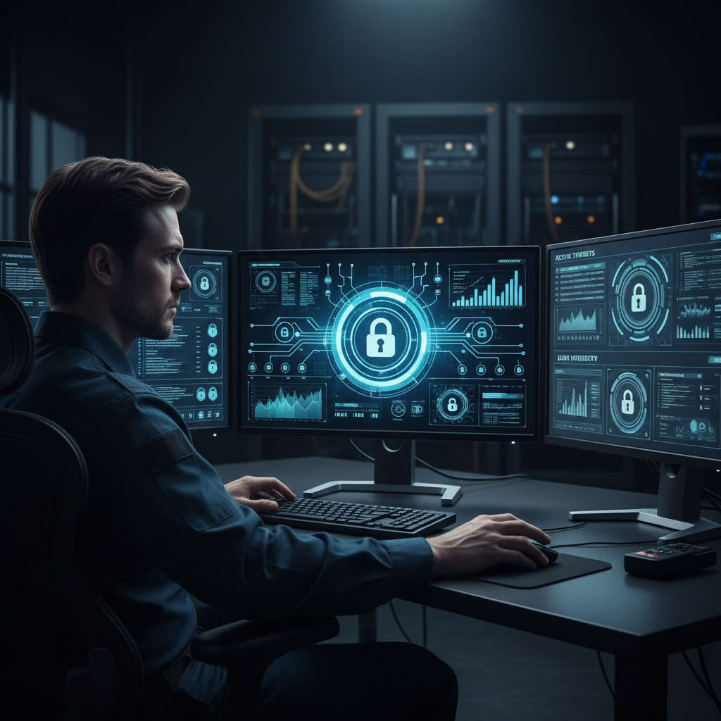 Dark dashboard interface with lock icons and security metrics on multiple screens