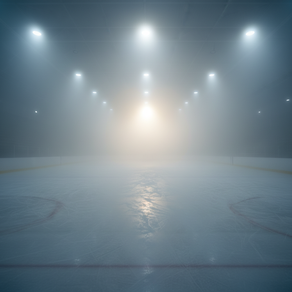 Misty ice rink with morning fog and soft bokeh rink lights