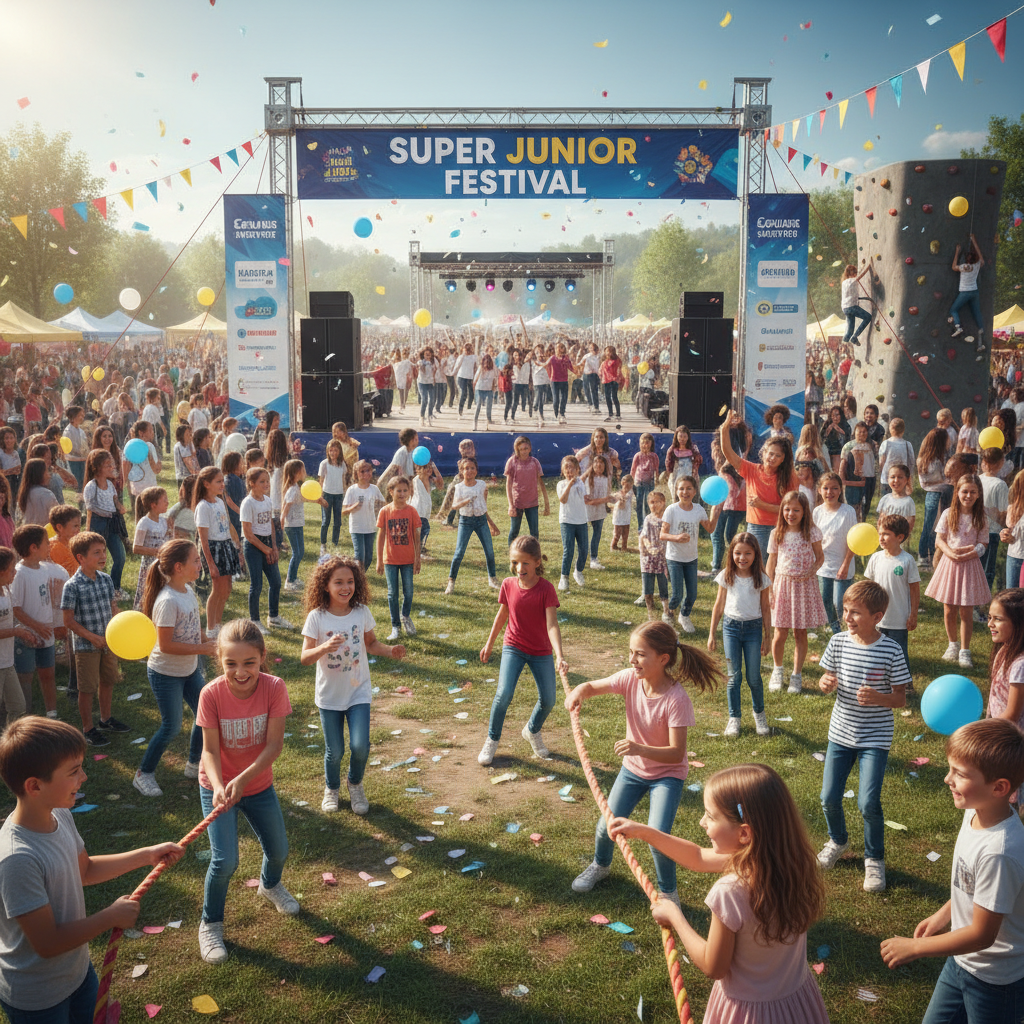 Niños y adolescentes participando en actividades recreativas del Festival Super Junior