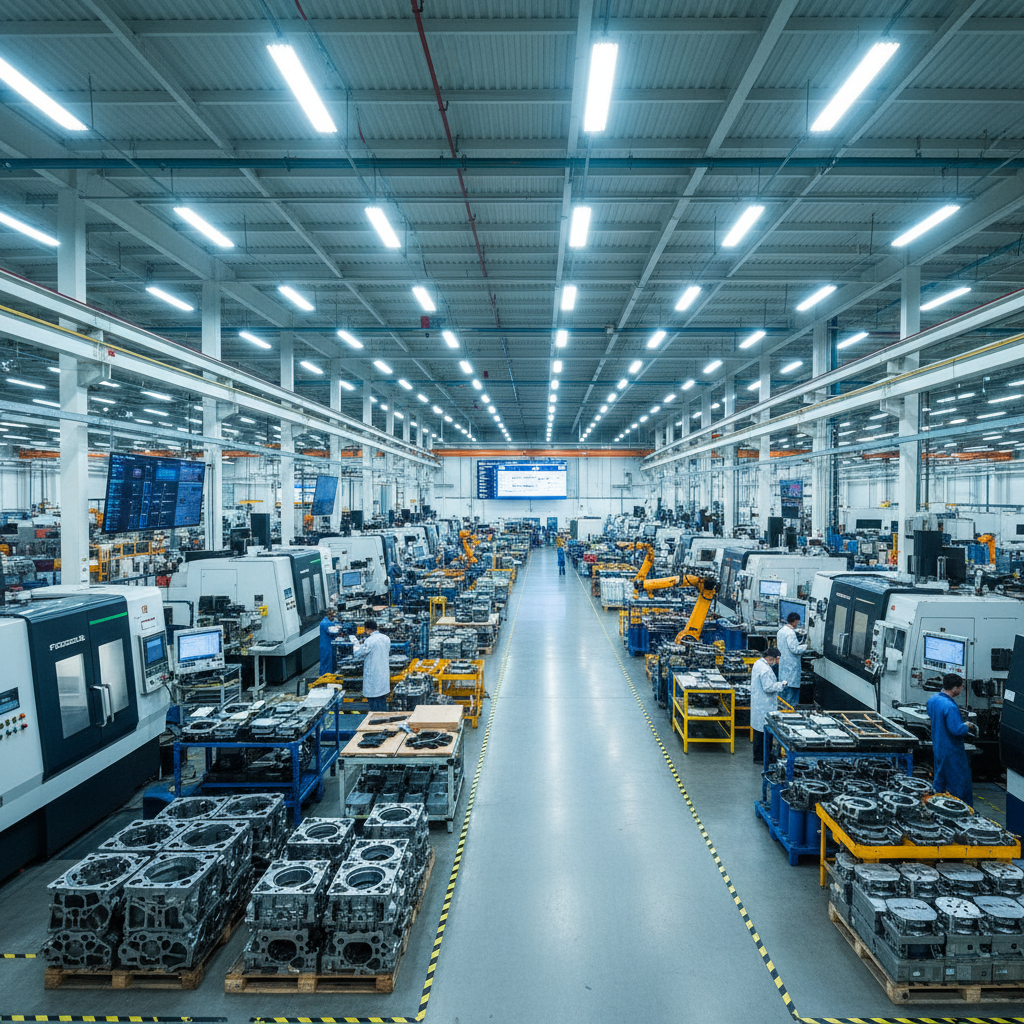 Wide shot of a modern steel manufacturing plant with bright industrial lighting, structural steel coils and beams, workers in safety equipment, clean organised production floor showing premium steel procurement operations
