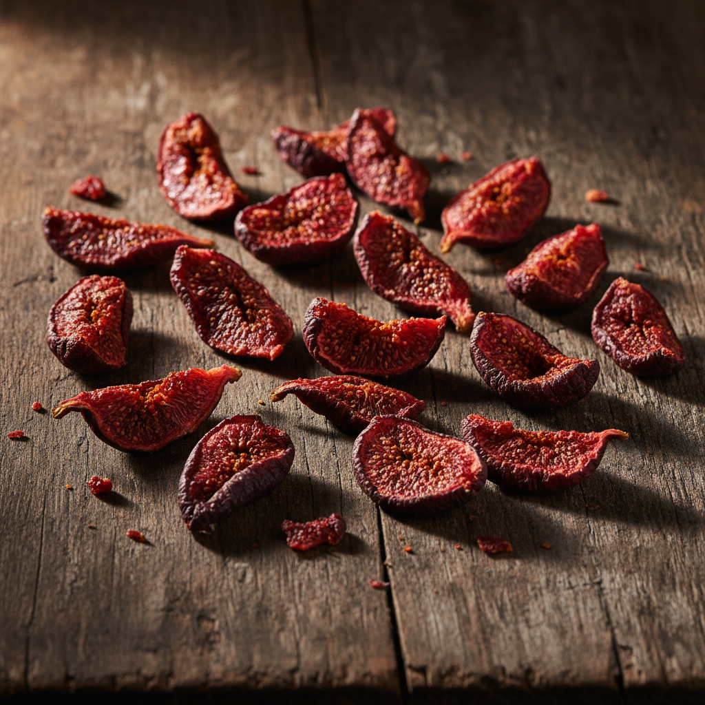 Dried fig slices with deep burgundy color on rustic surface