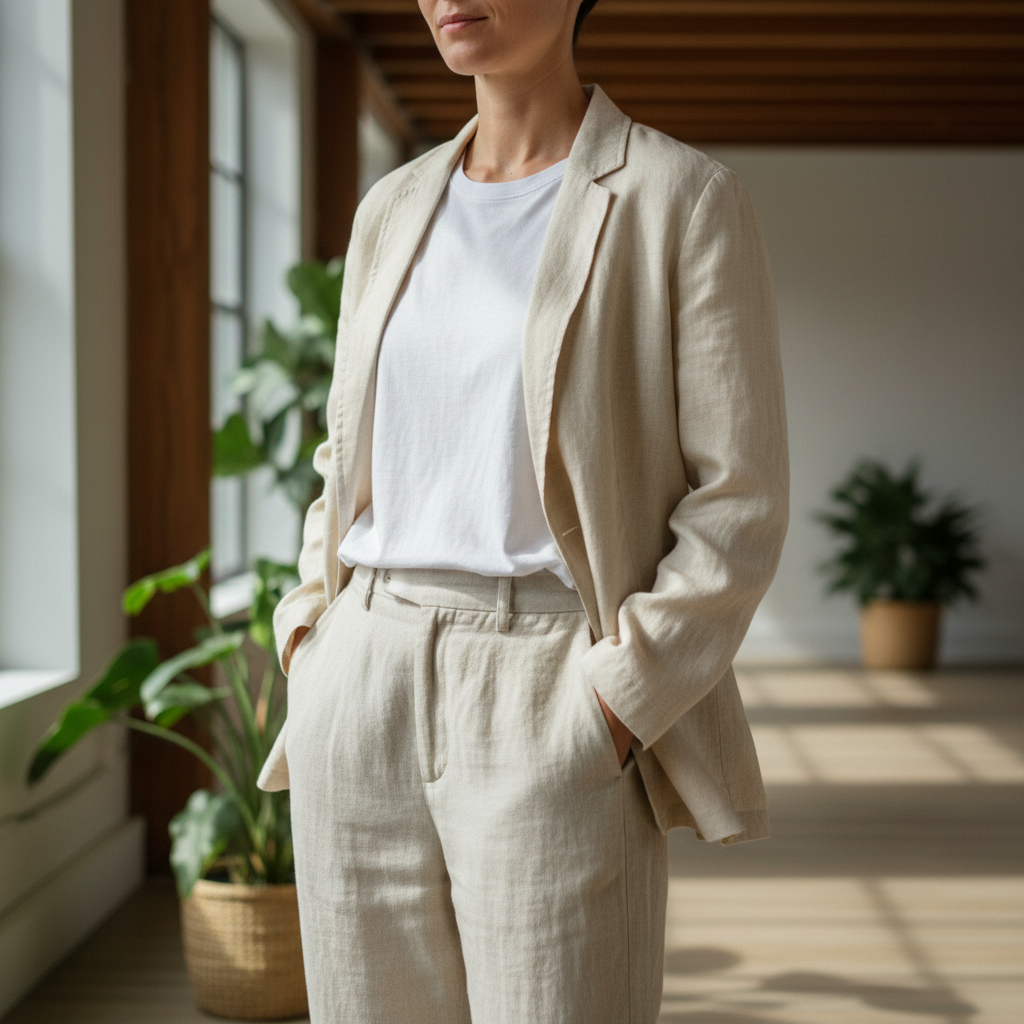 Woman wearing a beige linen blazer, bright studio lighting, white background