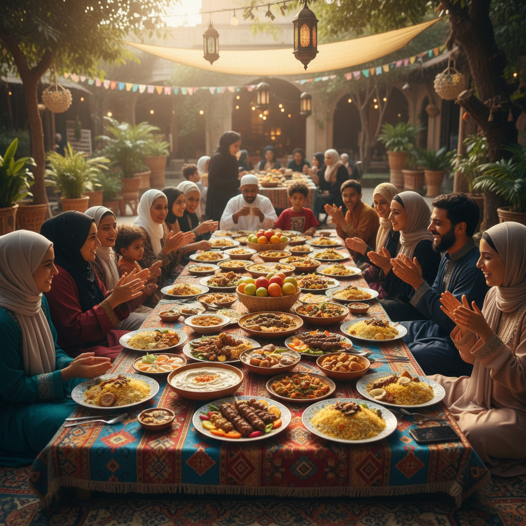 Muslim families sharing a meal together at weekend community gathering
