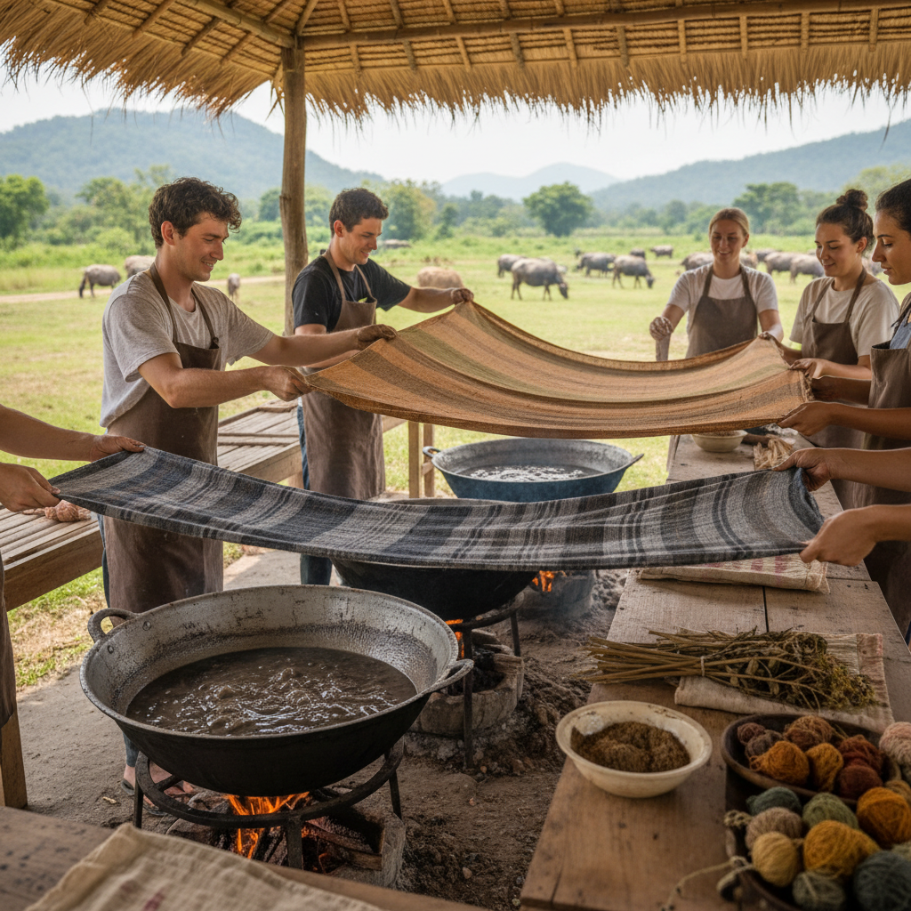 Happy families at outdoor workshop with children showing colorful naturally dyed fabric creations