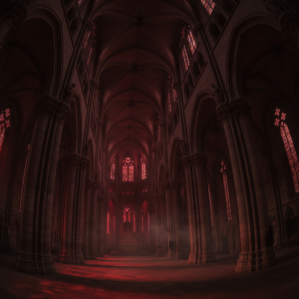 Gothic dark environment with fire, hellish atmosphere, intense red lighting, dark architecture