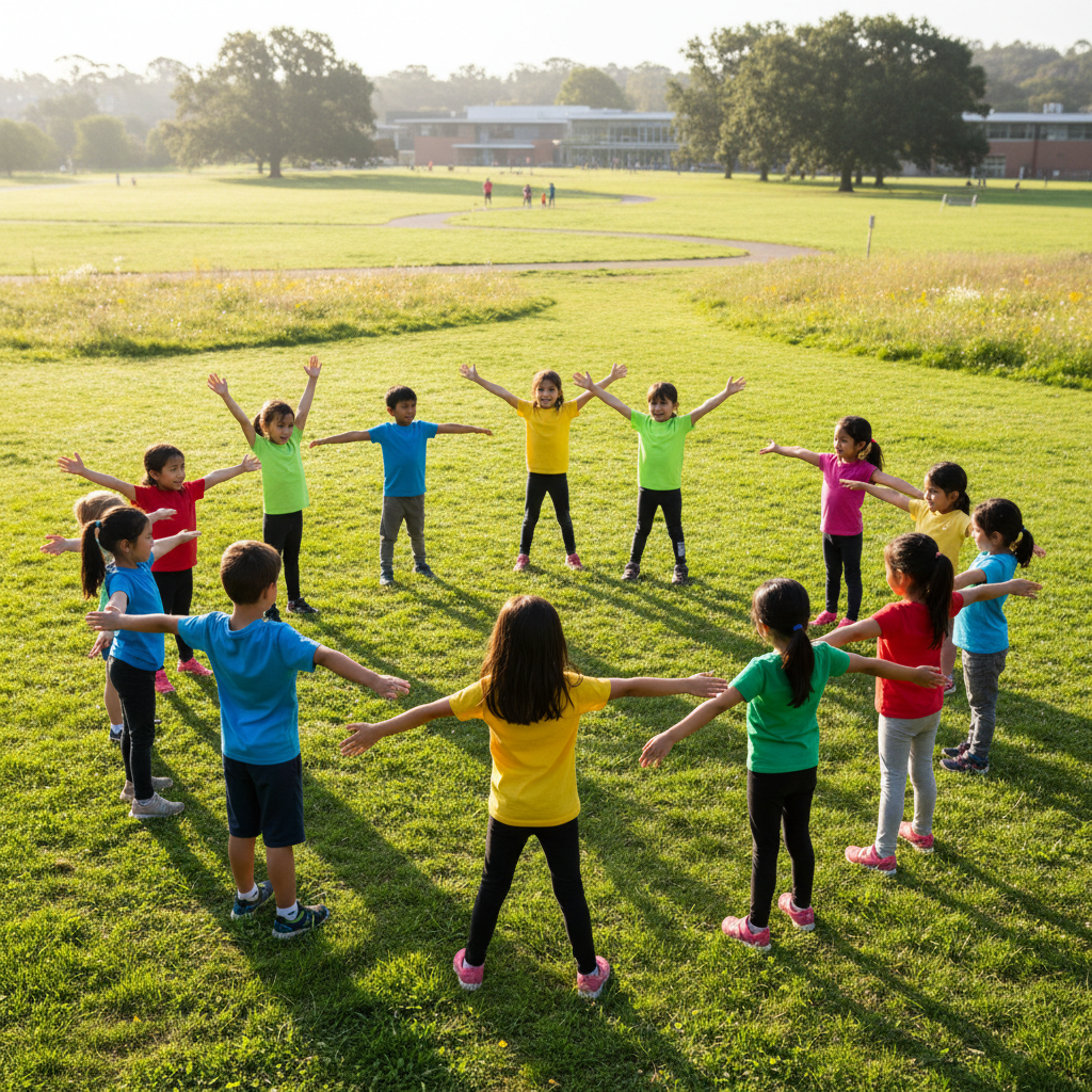 Kids in a warm-up circle, arms stretched wide, instructor counting eights at the front
