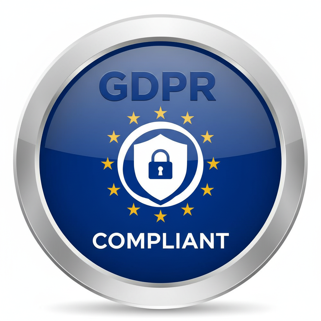 GDPR compliance badge with EU flag stars and privacy shield on blue background
