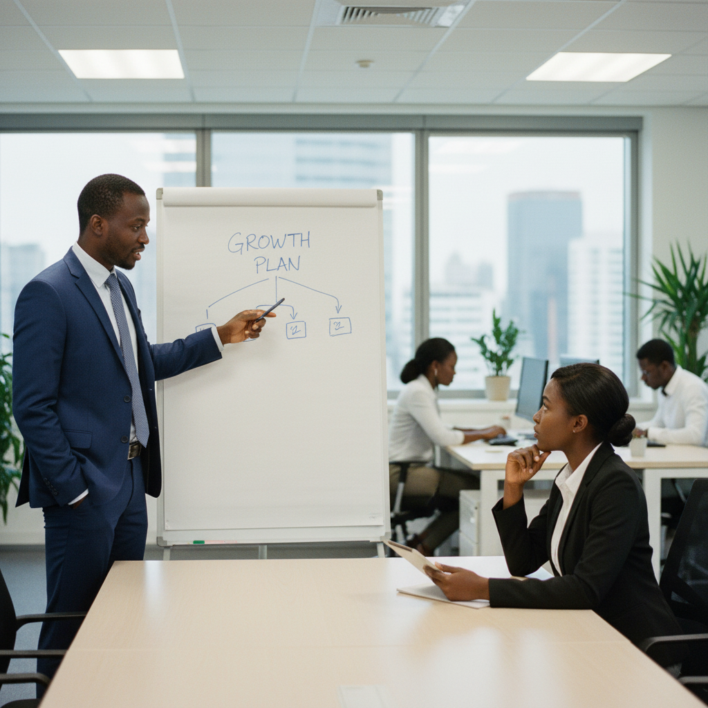 Dirigeante africaine présentant une stratégie d'entreprise devant un tableau blanc à son équipe