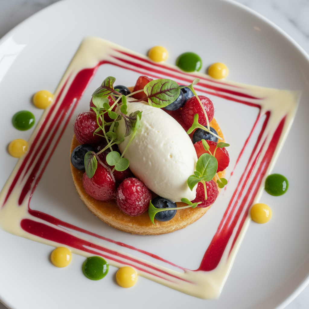 Perfectly plated dessert with microgreens and sauce dots shot from directly above