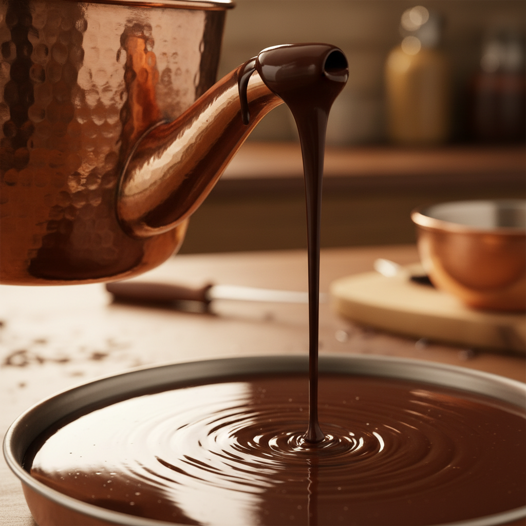 Chocolate nibs being poured from a copper roasting drum in warm amber light