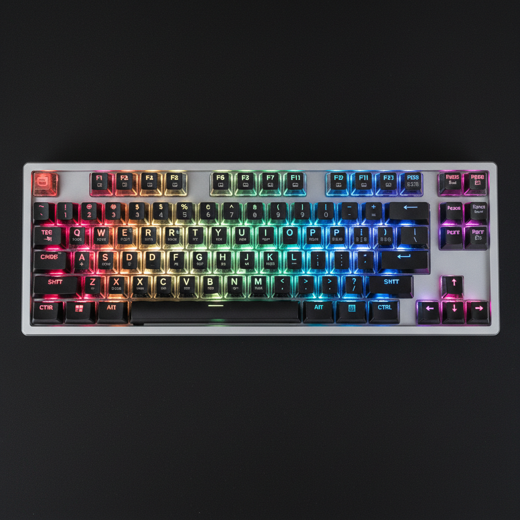 Premium mechanical keyboard with RGB lighting on a clean white desk, top-down view