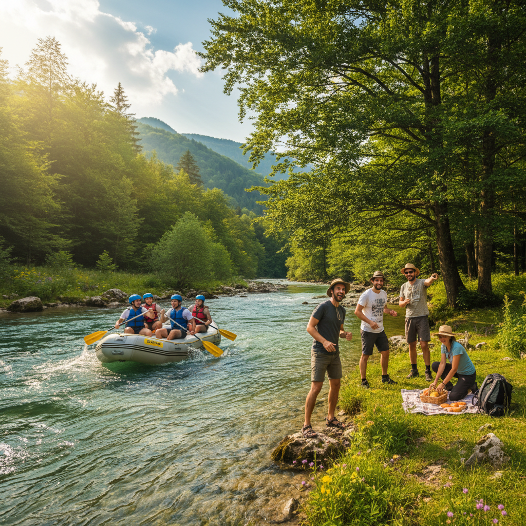 Group of friends enjoying outdoor activities in Bosnian nature near Una River