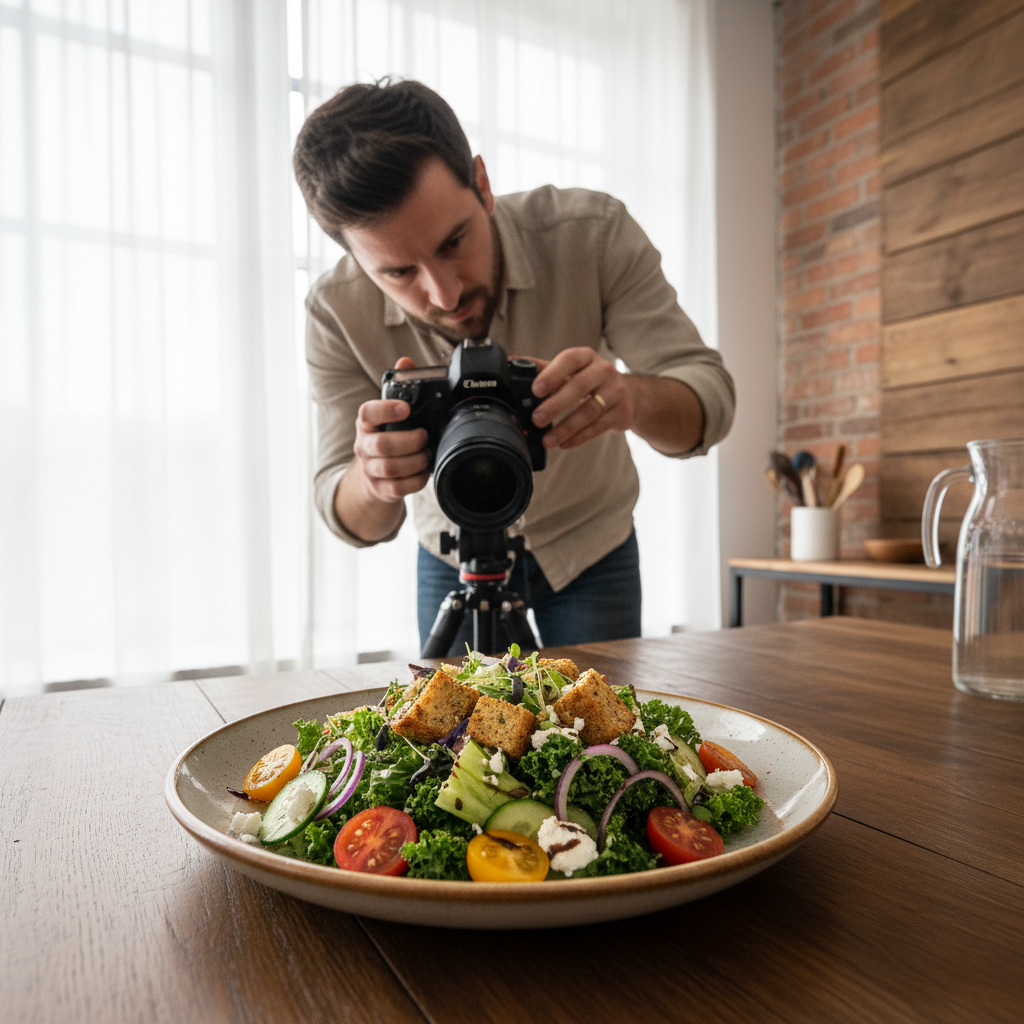 Person photographing a beautifully plated dish from above