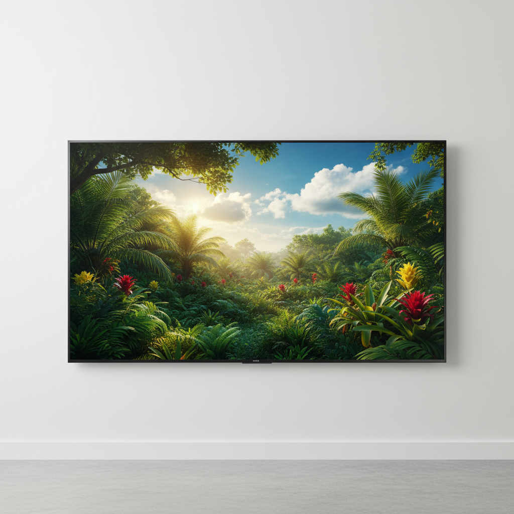 Large Samsung QLED television displaying vibrant colorful content, mounted on white wall in modern living room