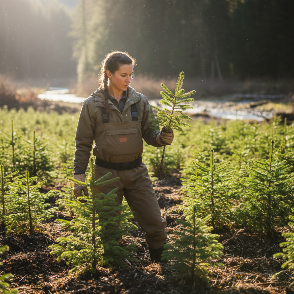 Watershed restoration coordinator standing knee-deep in a two-year-old planting site surrounded by young Douglas fir saplings