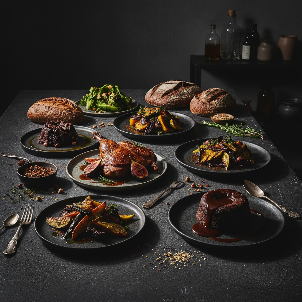 Dark moody food photography scene with dramatic side lighting, deep shadows, rich warm tones