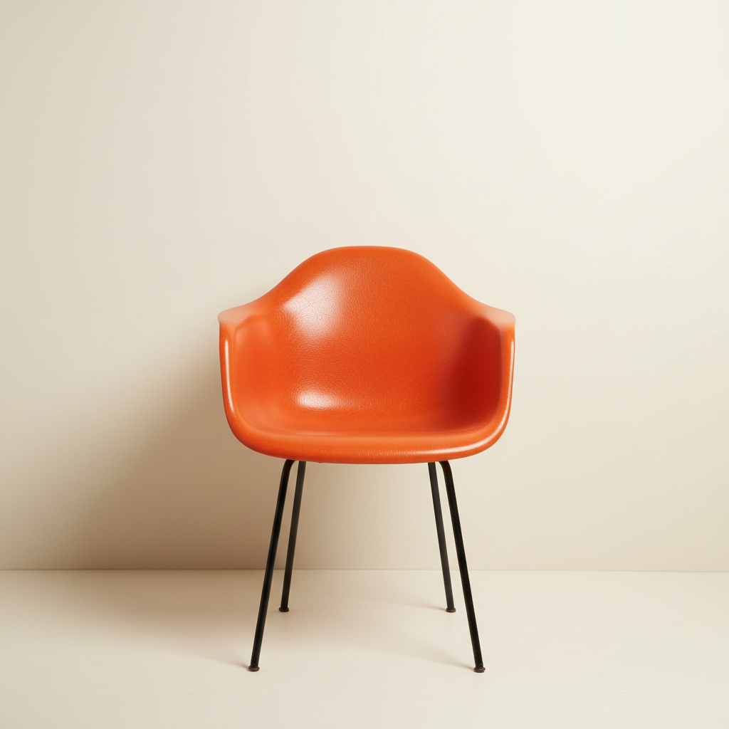 Vintage Eames-style fiberglass side chair in orange against a cream wall