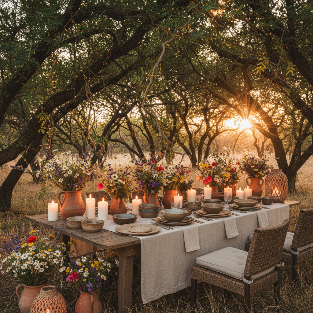 Intimate restaurant table with candles, local flowers, and terracotta plates
