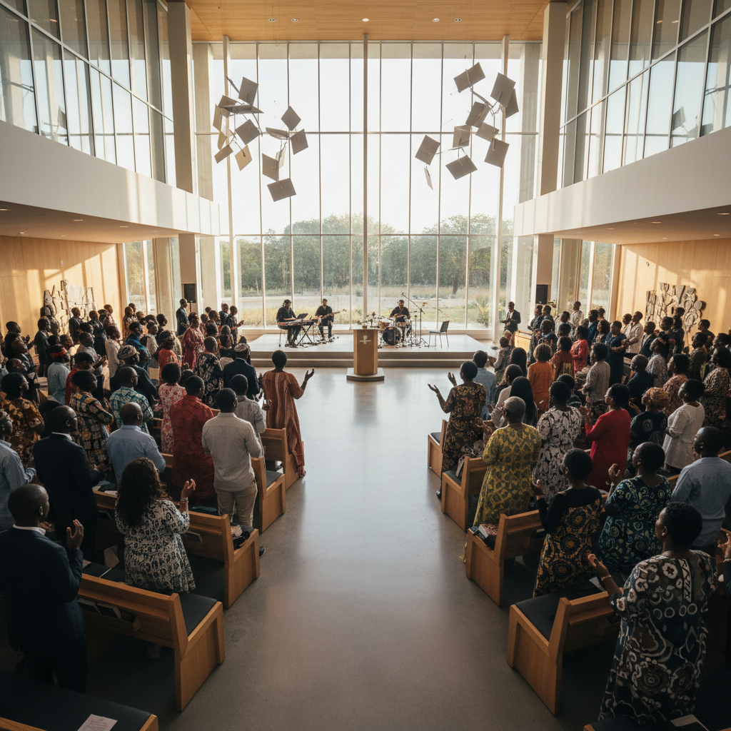 Diverse multi-generational congregation of people together in a modern church, natural light streaming through windows