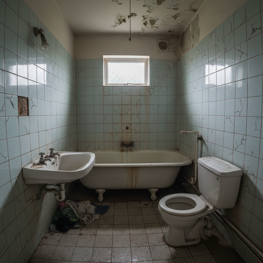 Kupatilo pre renoviranja na Grbavici, stare pločice, zastarele sanitarije, curenje