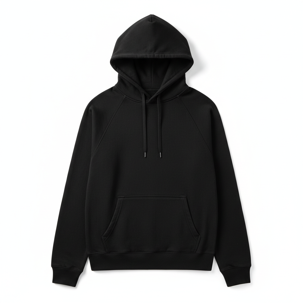 Black premium oversized hoodie on dark background, fashion product photography