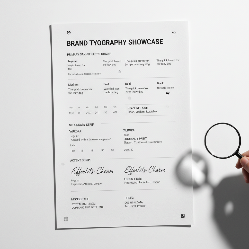 Typography samples with various font weights and sizes on clean white background