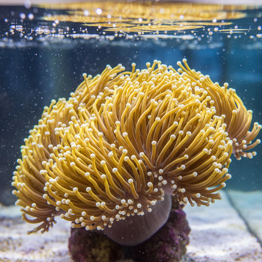 Gold torch coral with bright yellow tentacles extended in reef tank water