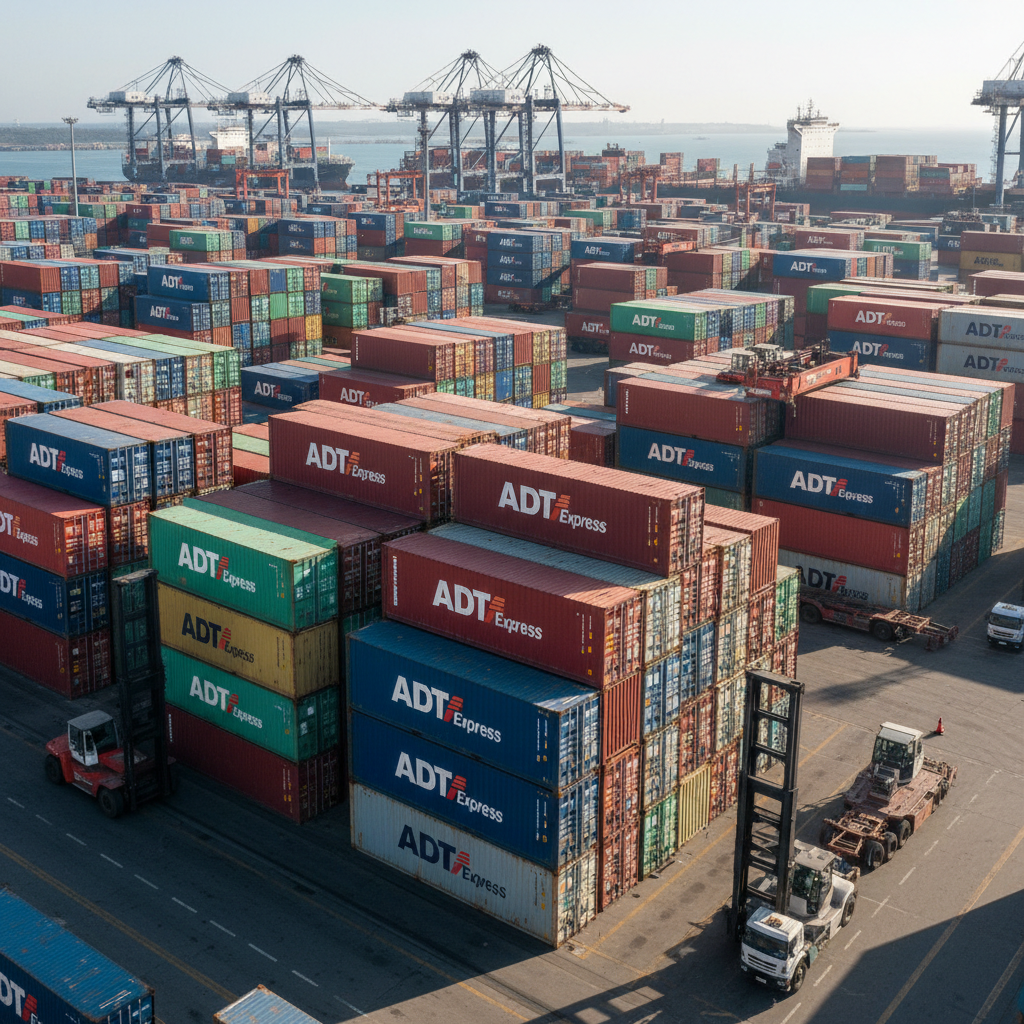 Busy shipping port with colorful containers stacked in rows under bright daylight