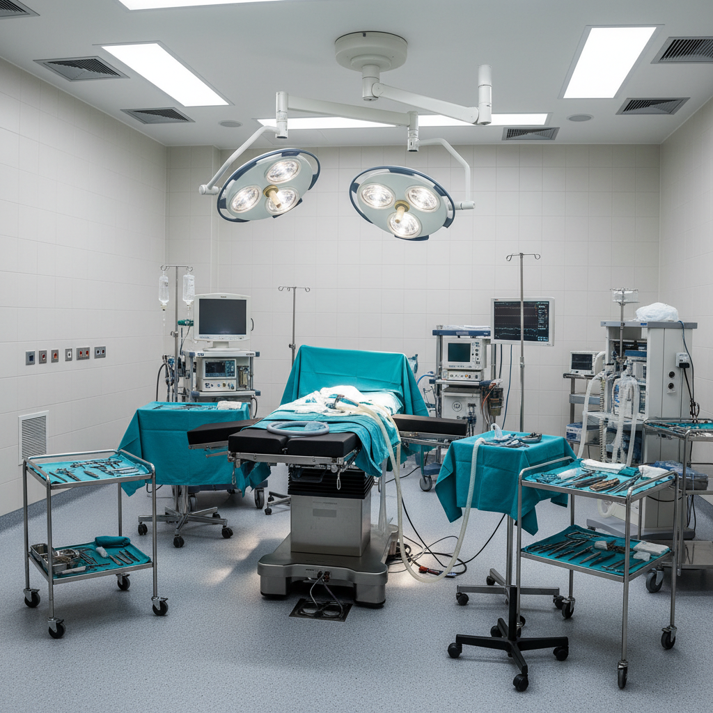 Medical operating room environment, clinical dark atmosphere, precise lighting