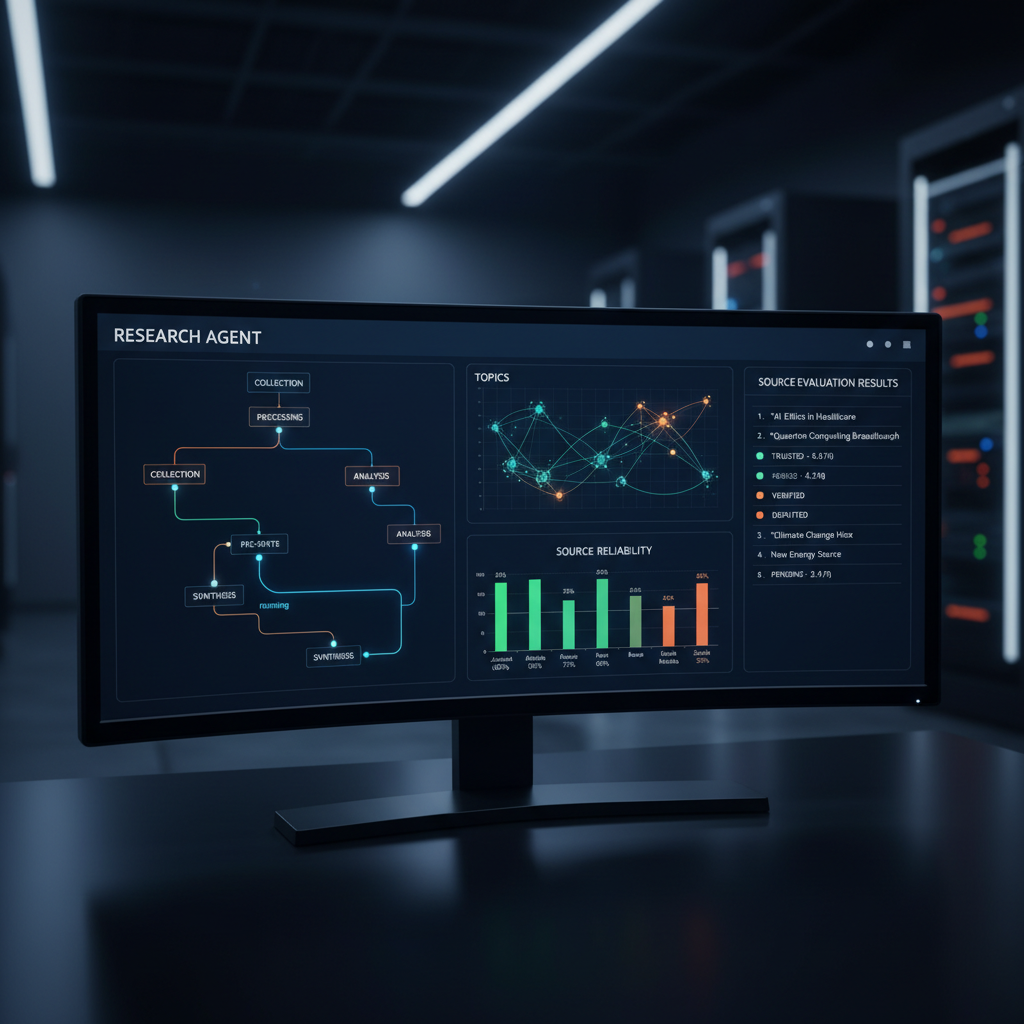 Dashboard showing research agent running with data visualization and source evaluation results