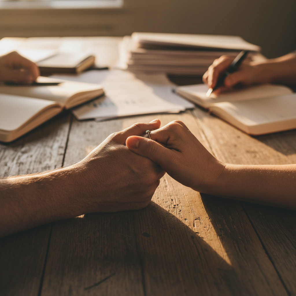 Two pairs of hands clasped together across a table, warm golden light, papers visible in background