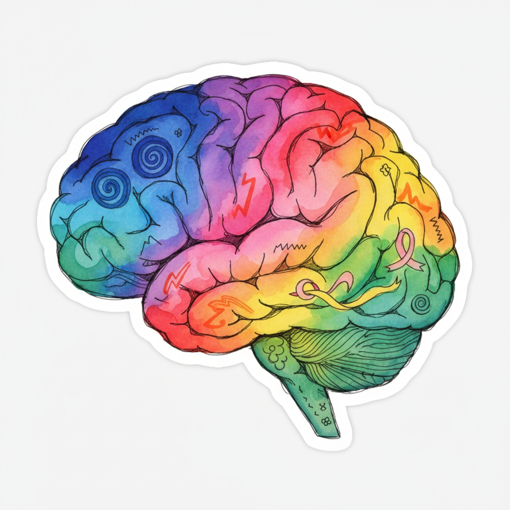 Colorful abstract brain-like structures with vibrant emotional color palette