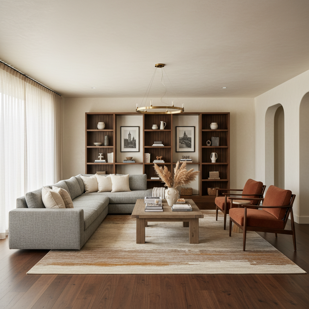 Completed Parkhurst project — living area with warm material palette and curated furnishings