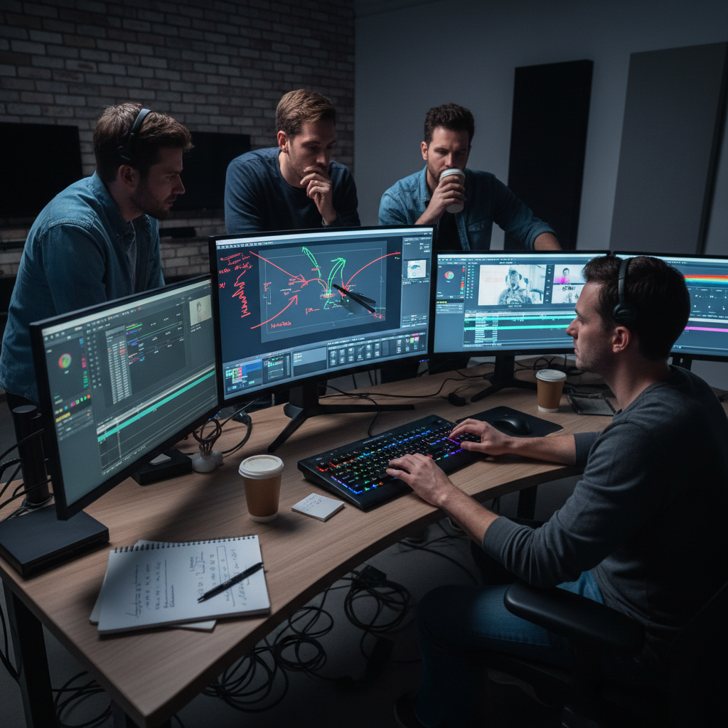 Professional video editing workstation with multiple monitors