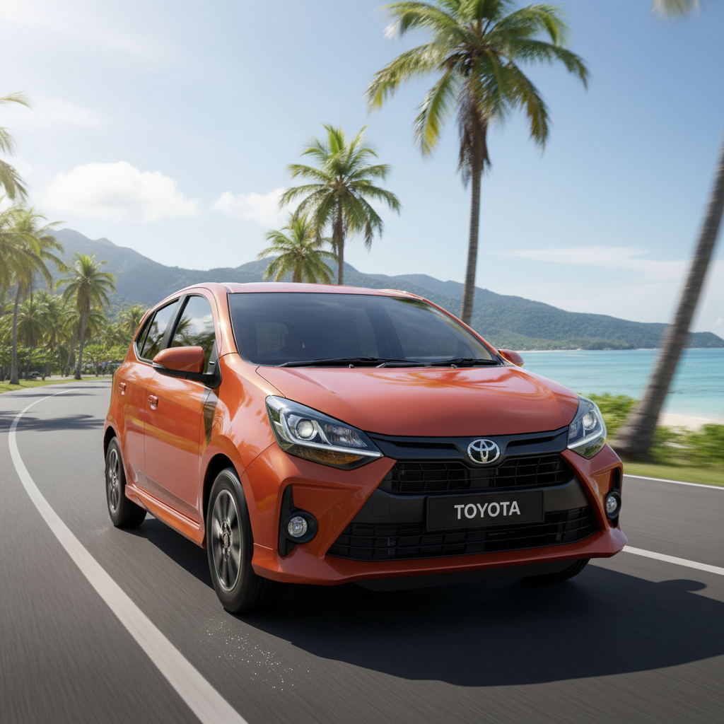 Toyota Agya small economy car on a bright tropical road