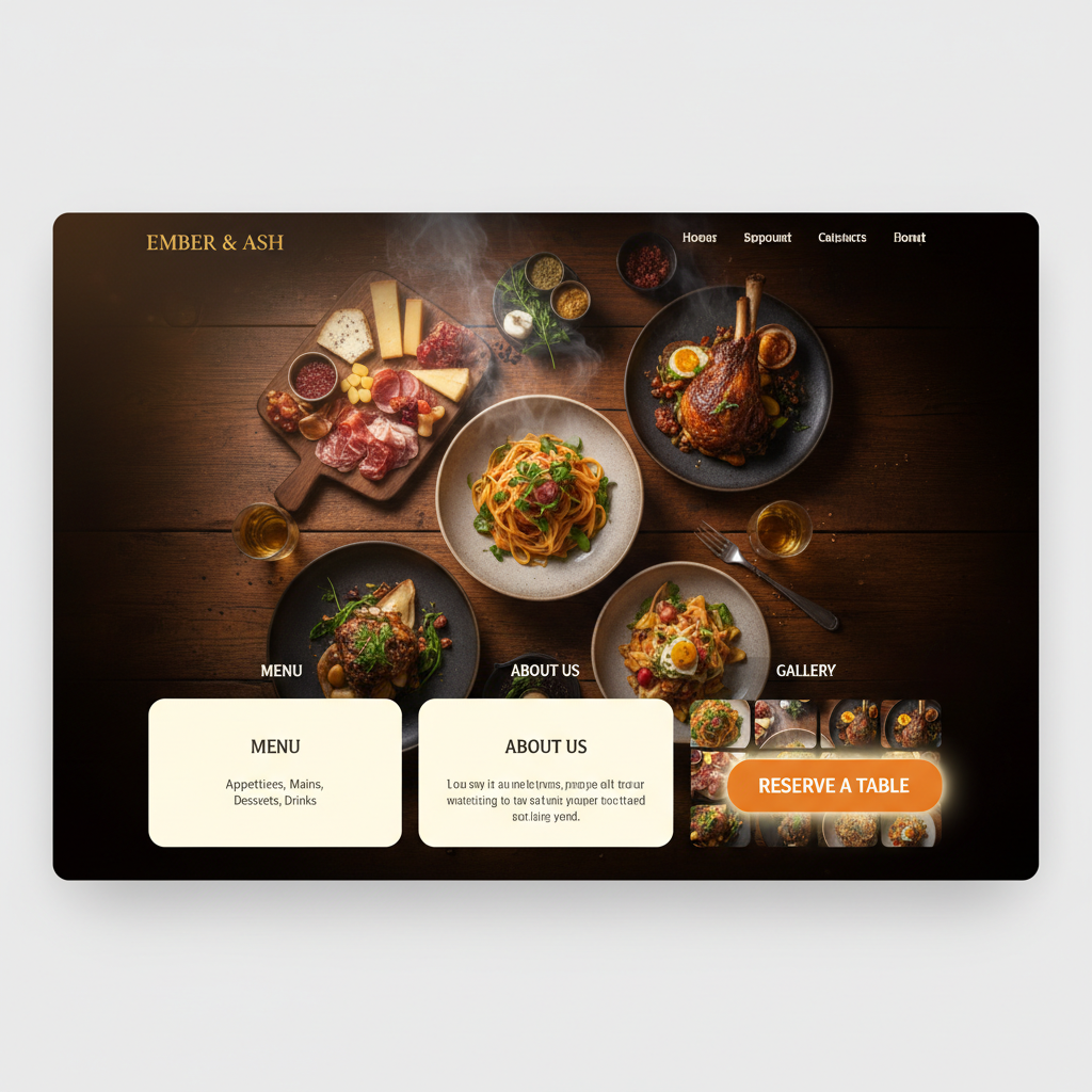 Restaurant website with warm dark background, food photography hero image, cream menu section cards, and orange reserve a table call-to-action button